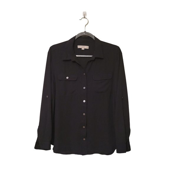 LOFT Ann Taylor Womens Blouse Black L Semi Sheer Button Down LOng Sleeve Top - Picture 6 of 6